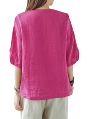 Solid Button Pocket V Neck Half Sleeve Casual Cotton Blouse