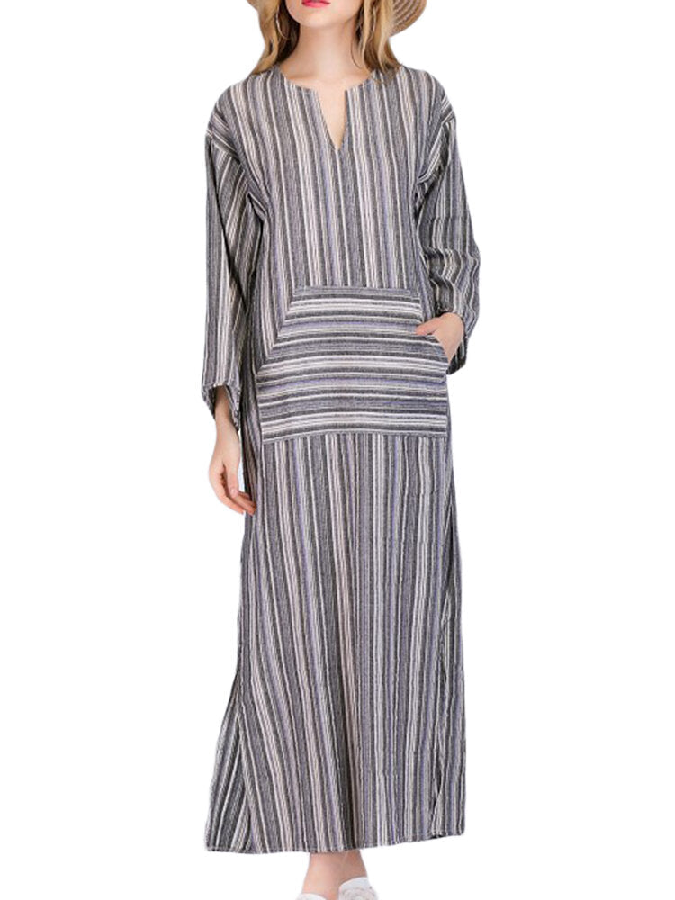 Women Casual Stripe V-neck Big Pocket Long Maxi Dress