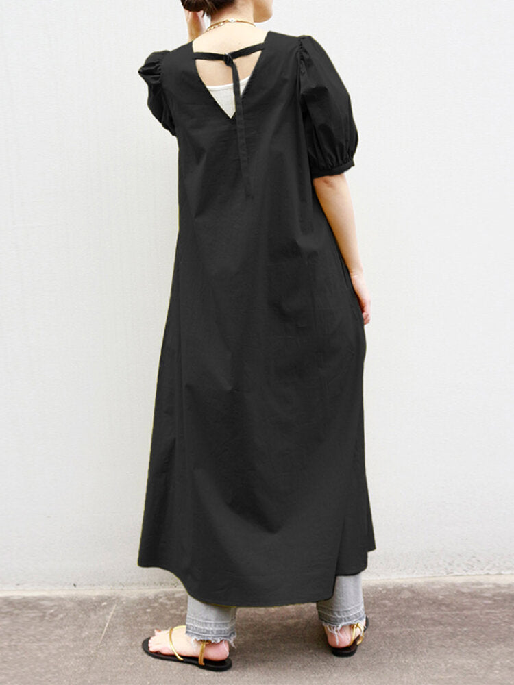 Woman Puff Sleeve Holiday Solid Maxi Dress