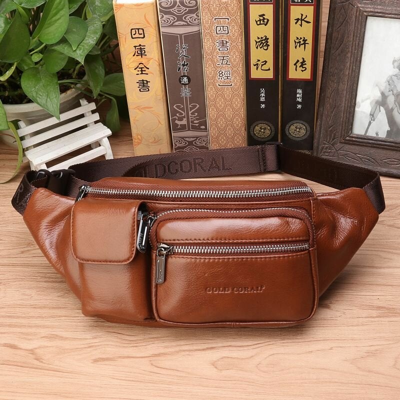 Men Genuine Leather Multifunction Front Flap-Over Zipper Pocket Chest Bag Retro Large Capacity Casual Crossbody Bags Shoulder