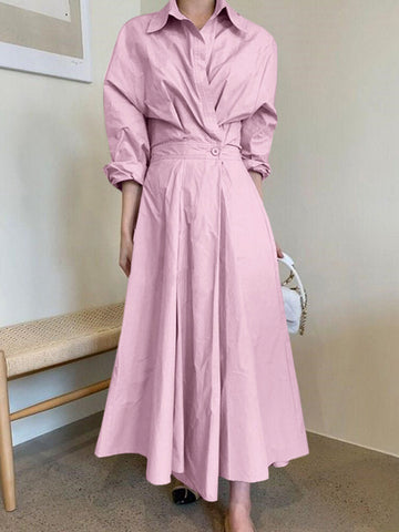 Women Solid Color Fitting Pleated Spliced Buttons Full Sleeve Calf Length Midi Dresses