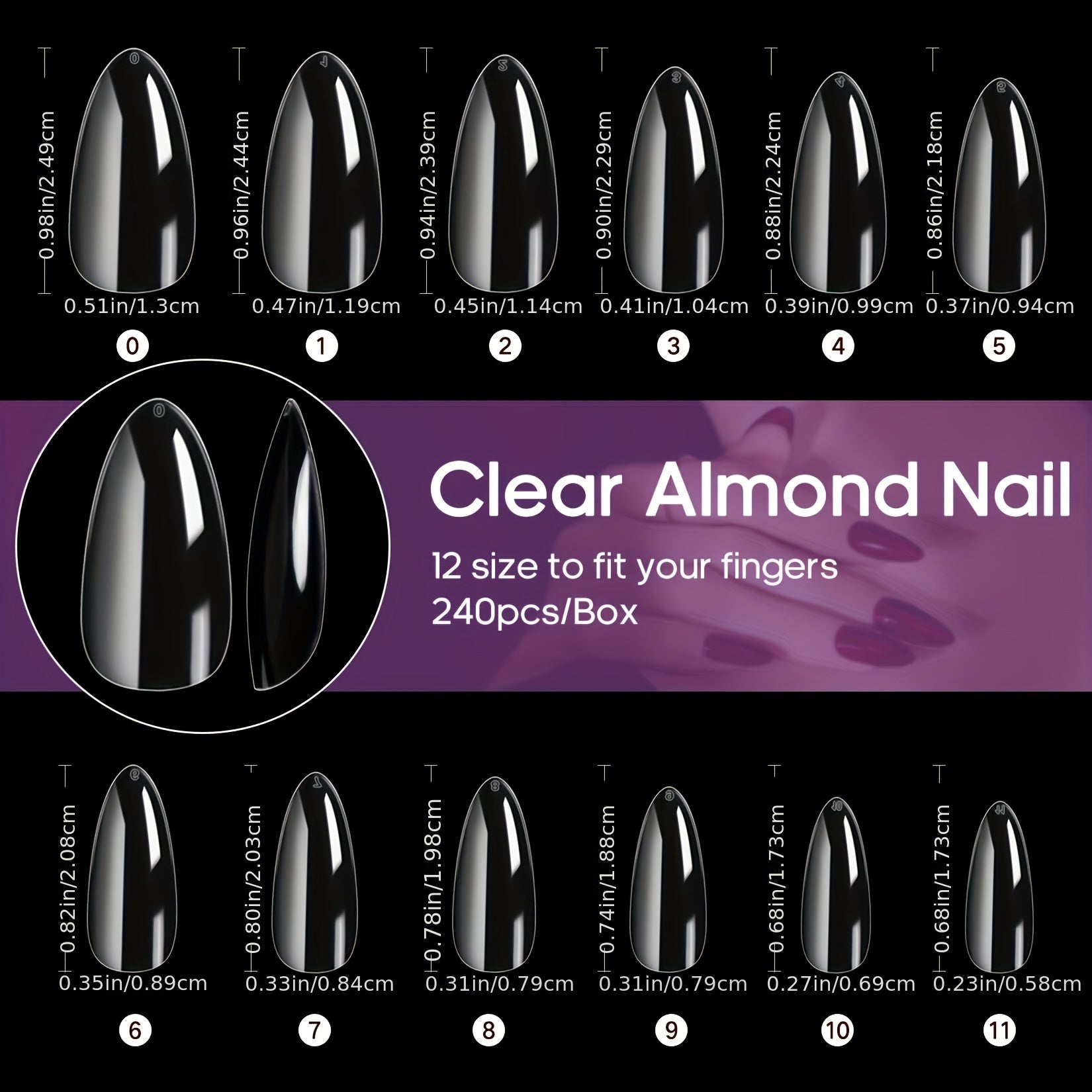 240pcs Glossy Almond Nail Tips – Middle-Length, Mixed Colors, DIY Full Cover Kit
