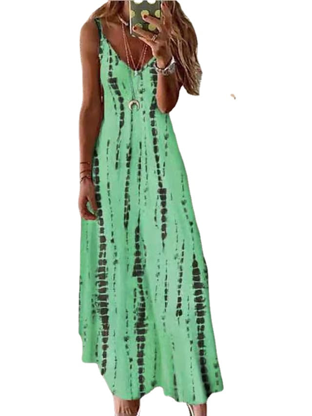 Women's Casual Sleeveless Print Spaghetti Strap Long Dress