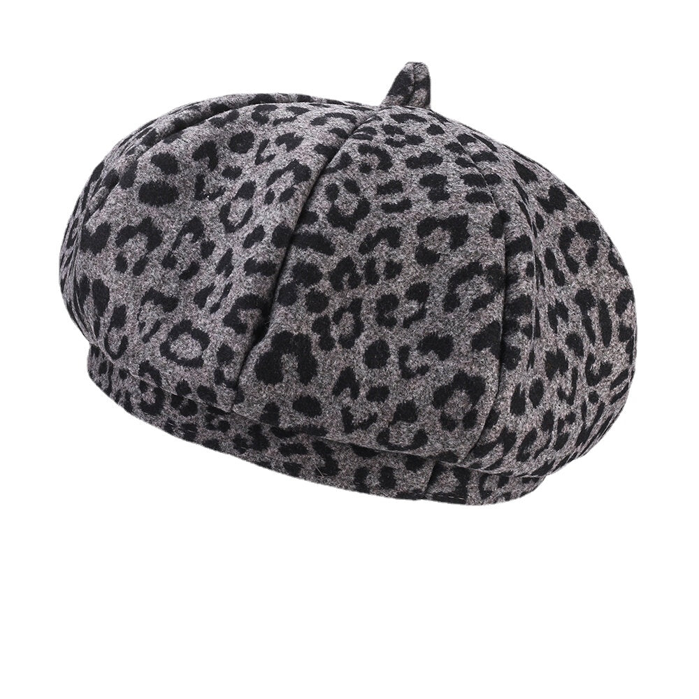 Women Woolen Warm Young All-match Leopard Pattern Painter Hat Newsboy Hat Octagonal Hat Beret Hat