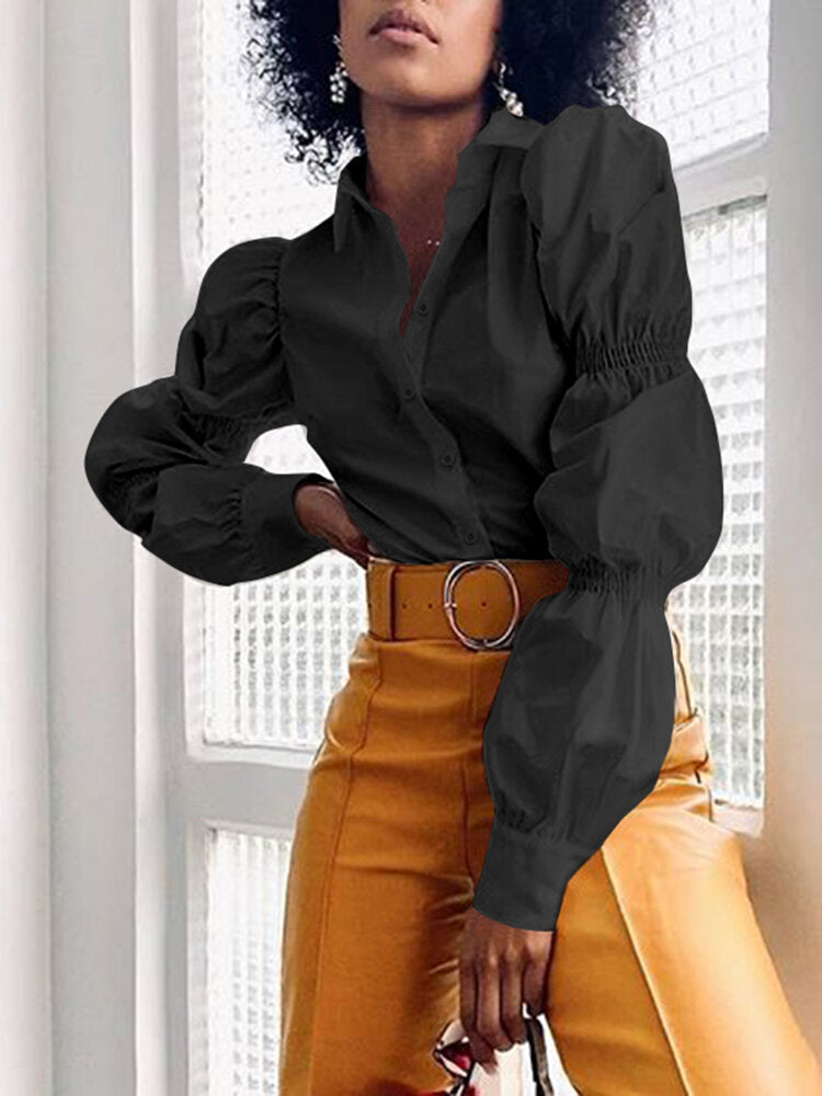 Women Solid Color Lapel Elastic Lantern Sleeve Casual Blouse