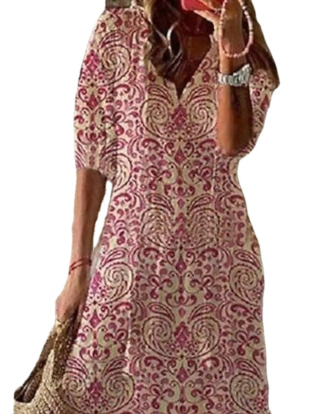 Women's A Line Dress Maxi long Dress Pink Half Sleeve Floral Ethnic Tribe Print Ruched Summer Spring Dress V Neck Stylish Casual Dress Maxi Print Dresses