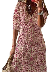 Women's A Line Dress Maxi long Dress Pink Half Sleeve Floral Ethnic Tribe Print Ruched Summer Spring Dress V Neck Stylish Casual Dress Maxi Print Dresses