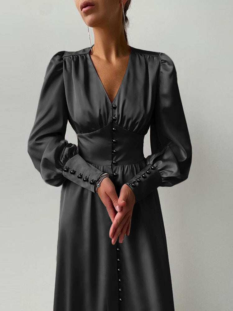 Women Satin Button Up V-Neck Long Sleeve Elegant Maxi Dresses