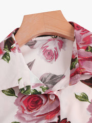 Lantern Sleeve Flower Button Lapel Rose Print Shirt