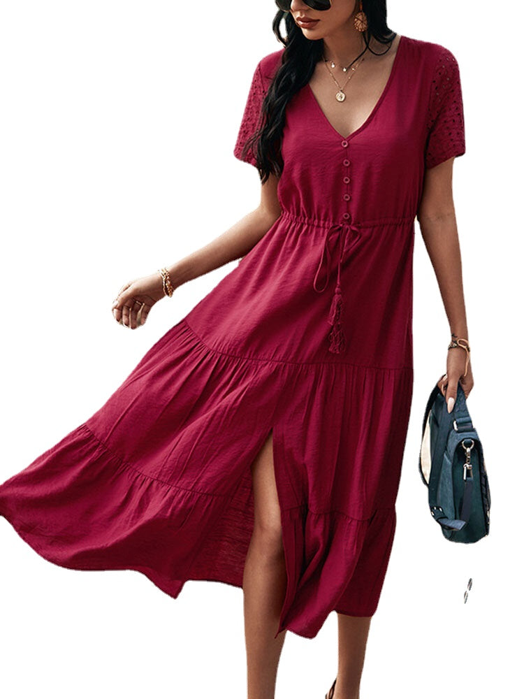 Solid Color Button Drawstring Short Sleeve V-neck Stitching Casual Dress