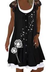 Women's Short Sleeve Floral Print Lace Crew Neck Dress