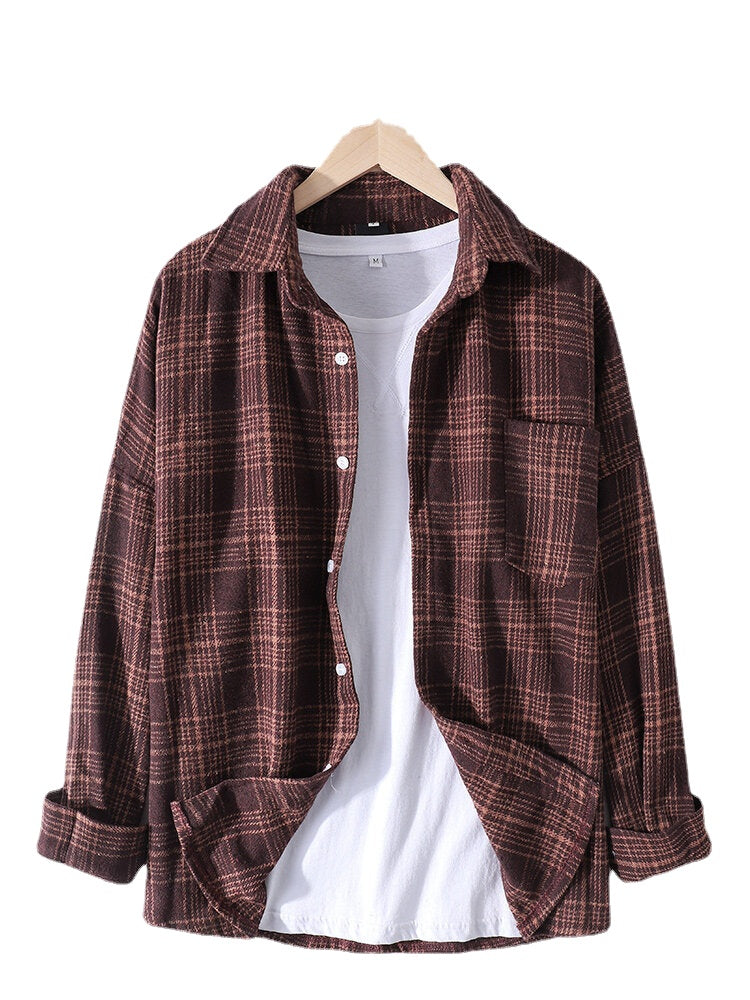 Mens Cotton Plaid Lapel Drop Shoulder Relaxed Fit Overshirt With Pocket