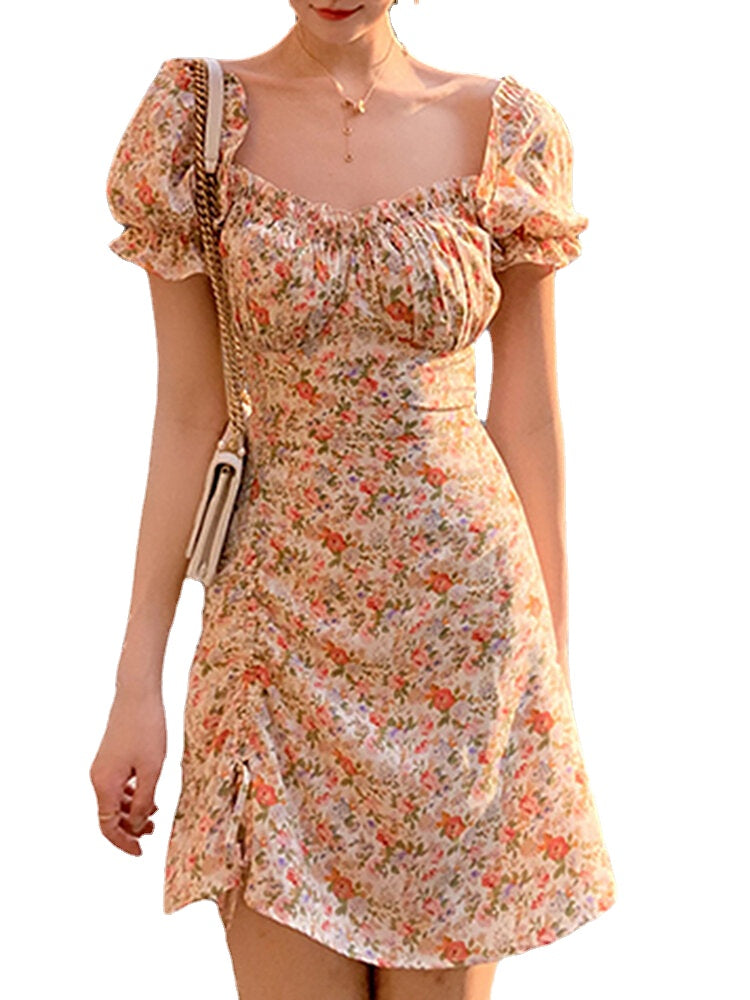 Puff Sleeve Floral Leisure Summer Holiday Casual Dress For Women