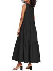 Women Casual Long Pleated Loose Midi Tank Dress With Pocket