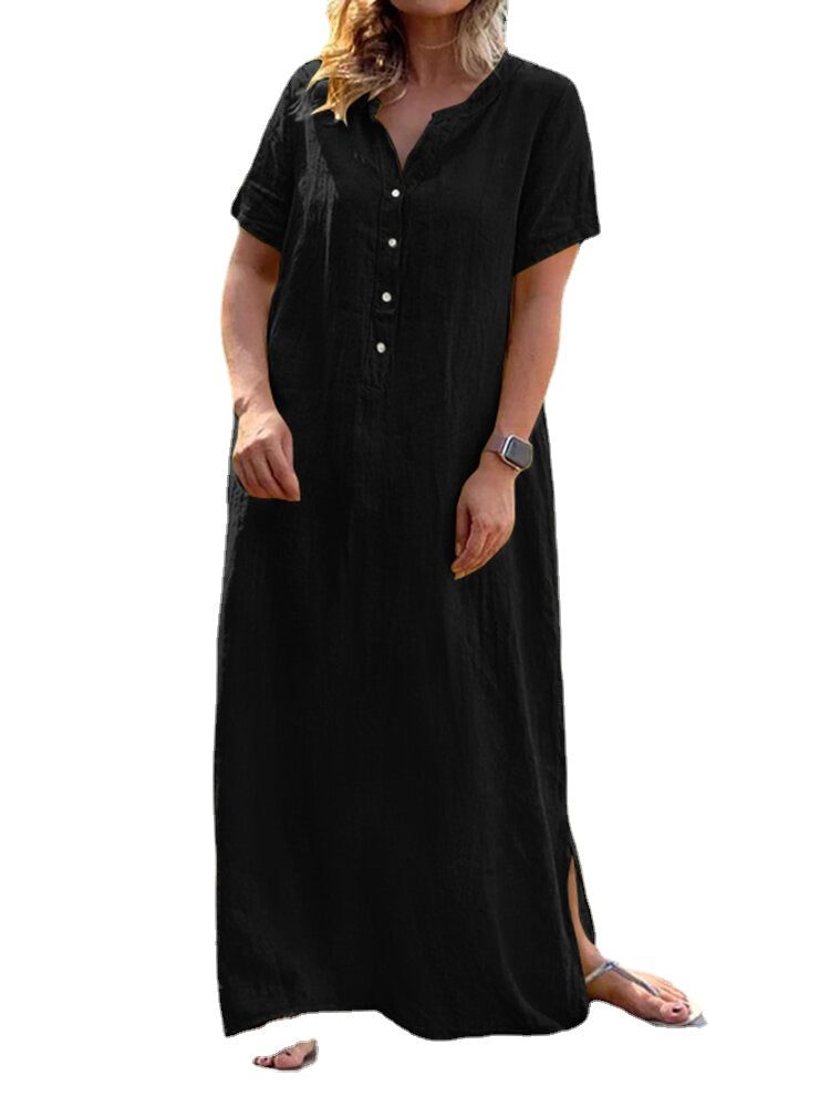 Casual Solid Crew Neck Short Sleeve Button Bohemia Maxi Dress