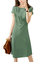 Solid Invisible Zip Side Short Sleeve Crew Neck Dress