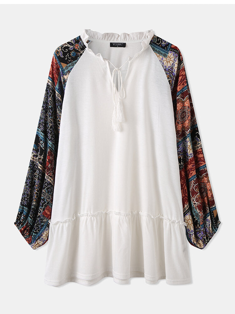 Women Ethnic Pattern Print Patchwork Ruffle Hem Raglan Sleeve Loose Blouse