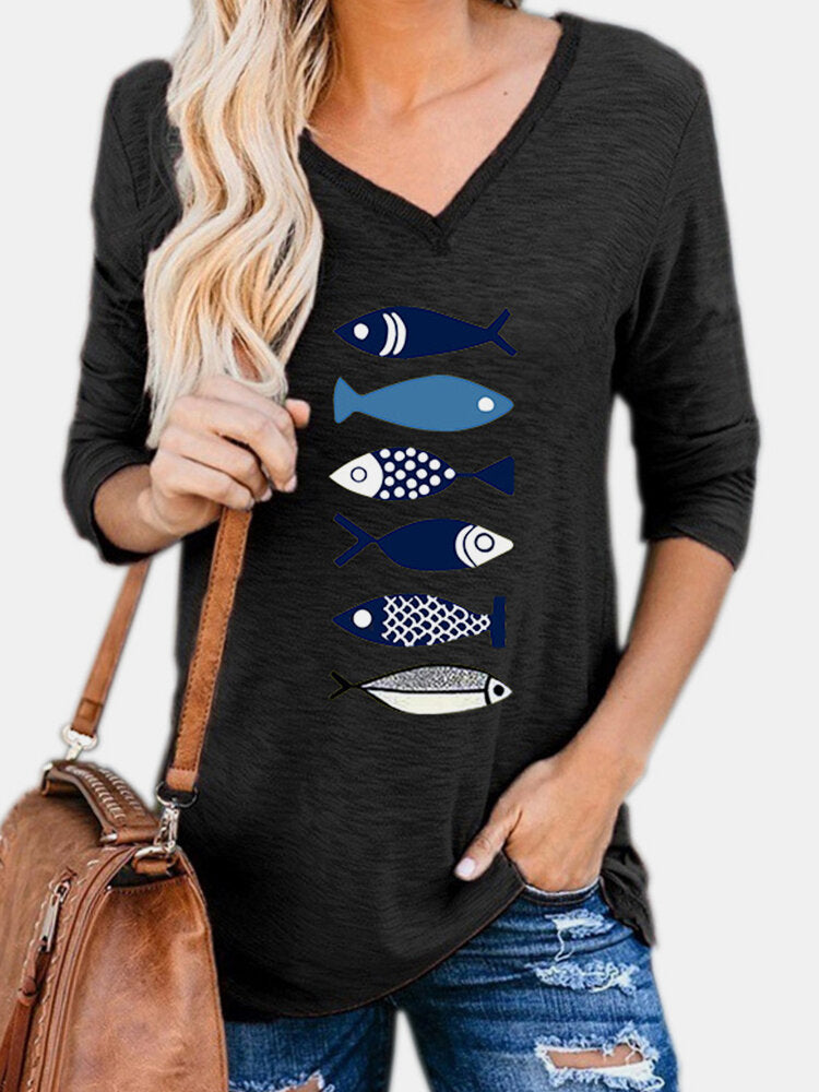 Women Fish Printed V-Neck Long Sleeve Cartoon Blouses