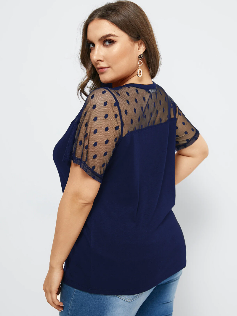 Plus Size Polka Dot Mesh Patchwork Short Sleeve Daily Casual T-shirt