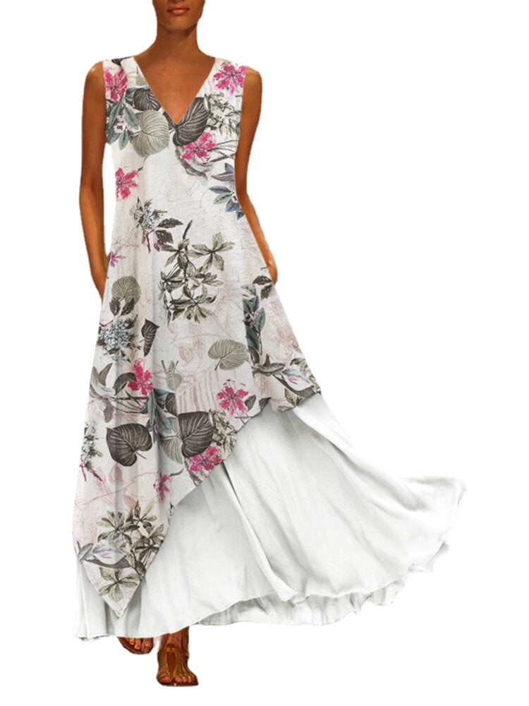 Women V-neck Sleeveless Floral Irregular Hem Two-Piece Pocket Dress