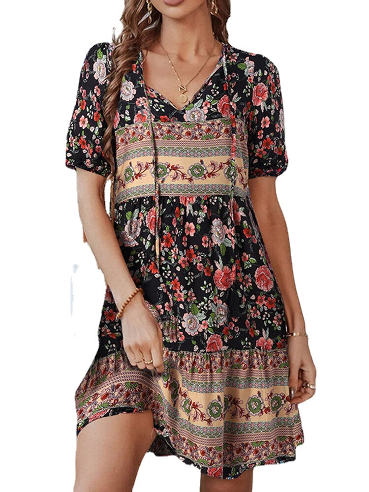 Floral Print Tassel V-neck Knotted Short Sleeve Bohemian Dress