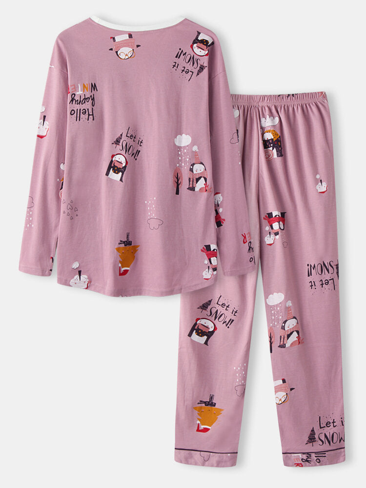 Women Cute Cartoon Pattern Print O-Neck Two-Piece Loose Home Pajamas Sets