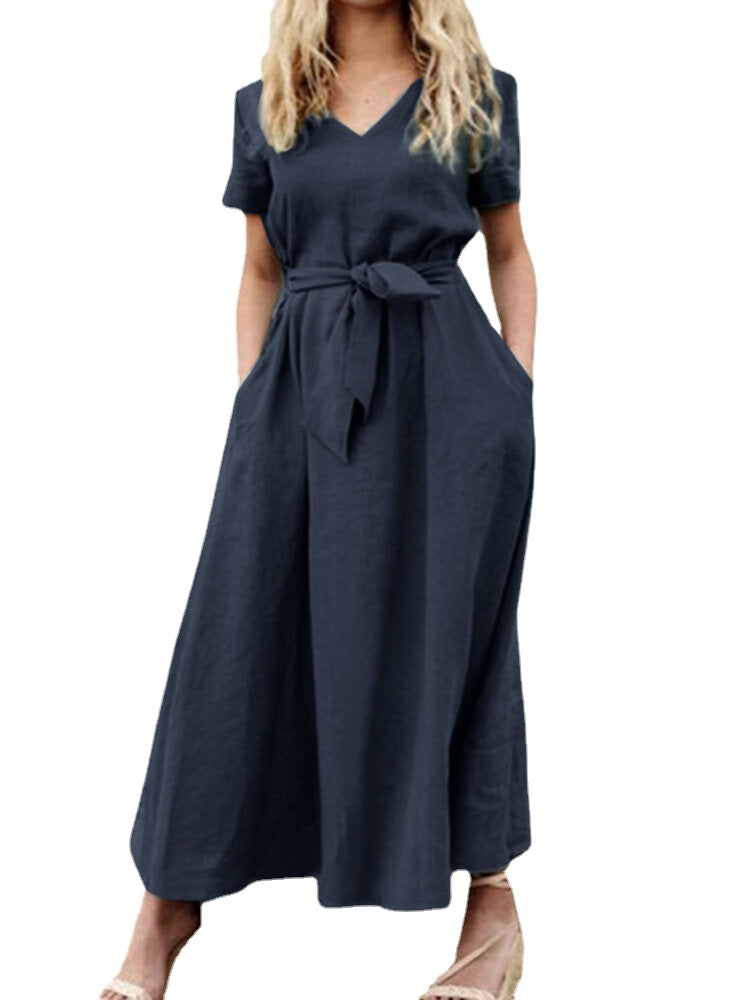 Solid Pocket Sash Short Sleeve Cotton Casual Maxi Dress