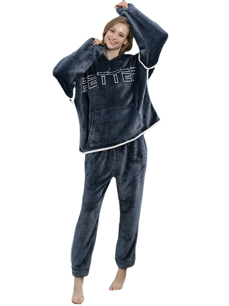 Women Flannel Letter Embroidery Thicken Hoodie Elastic Waist Loose Pants Home Pajama Set