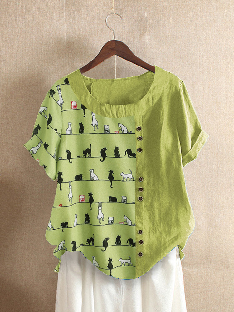 Cartoon Cat Print Round Neck Short Sleeved Button Casual T-shirts For Women