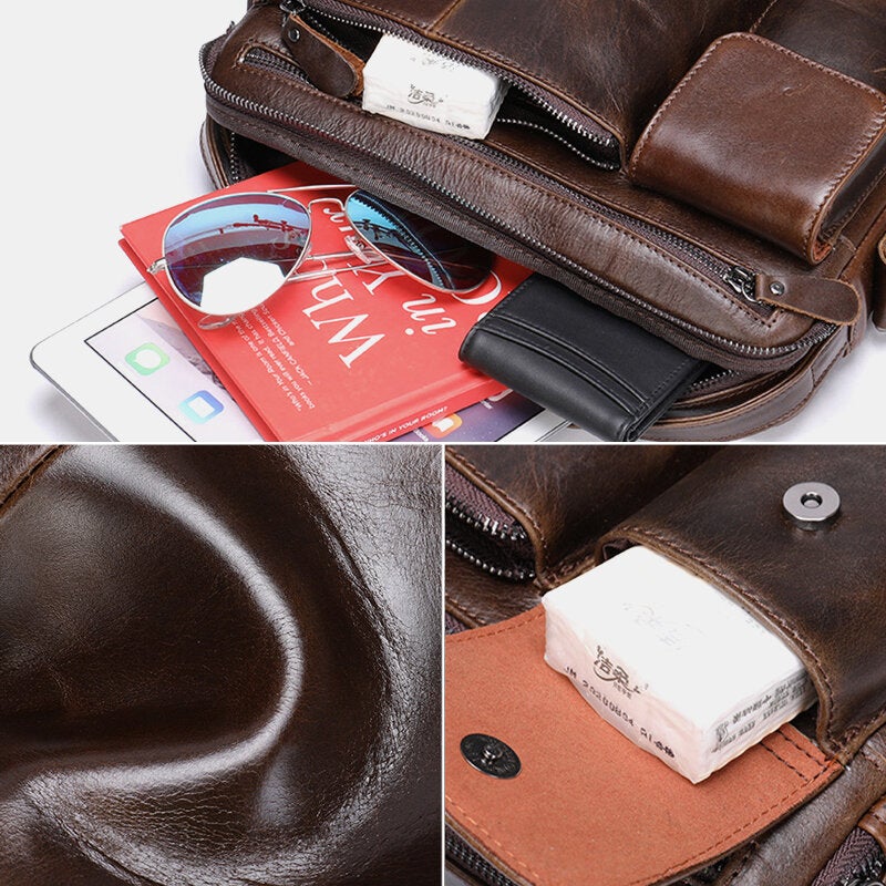 Men Oil Wax Leather Large Capacity Waterproof Messenger Bag Briefcase Multi-pocket Cowhide Crossbody Bags Shoulder