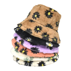 Women Lamb Hair Soft Warm Plus Thicken Casual All-match Cute Daisy Flower Pattern Bucket Hat