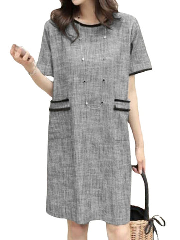 Contrast Color Pocket Short Sleeve Midi Casual Dress