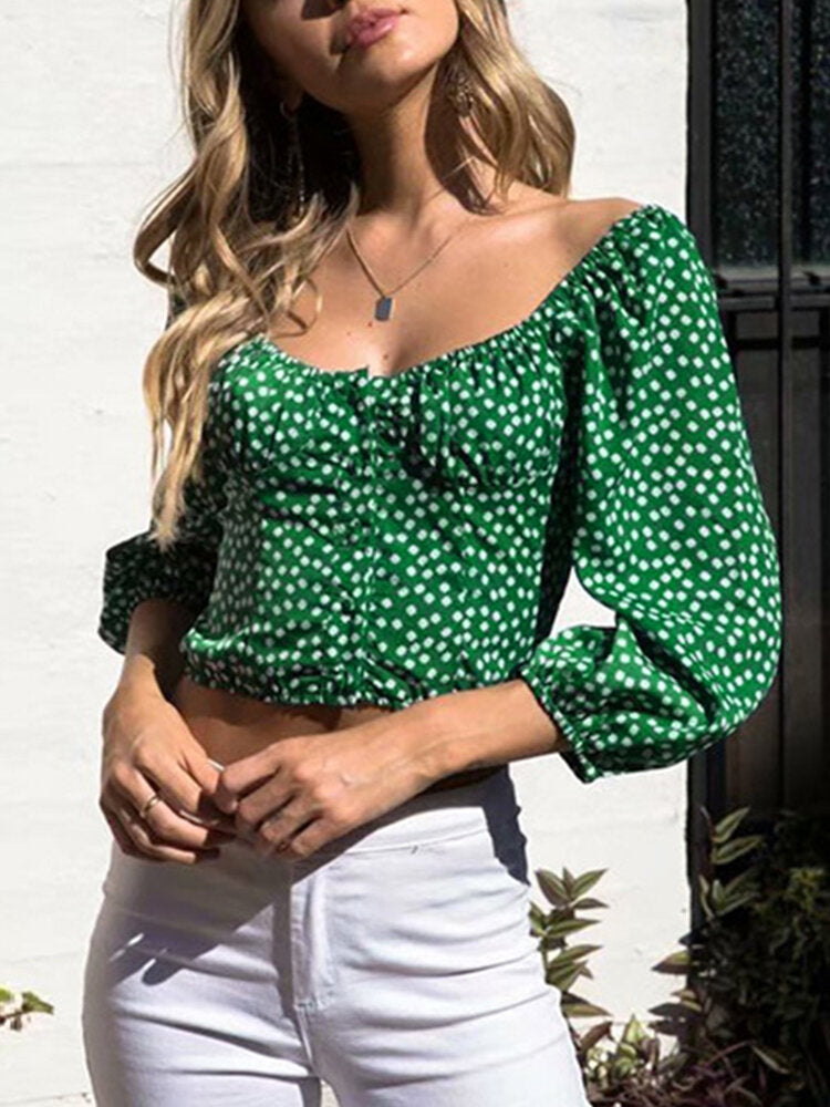 Puff Sleeve Square Neck Pleats Ditsy Floral Leisure Blouse