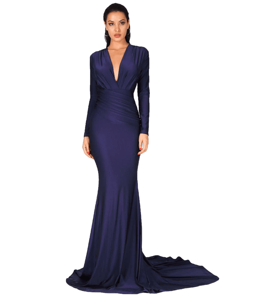 Love&Lemonade  Sexy NAVY Deep V-Neck Slim Fit Elastic Fabric Trai Ling Dress LM81535 NAVY