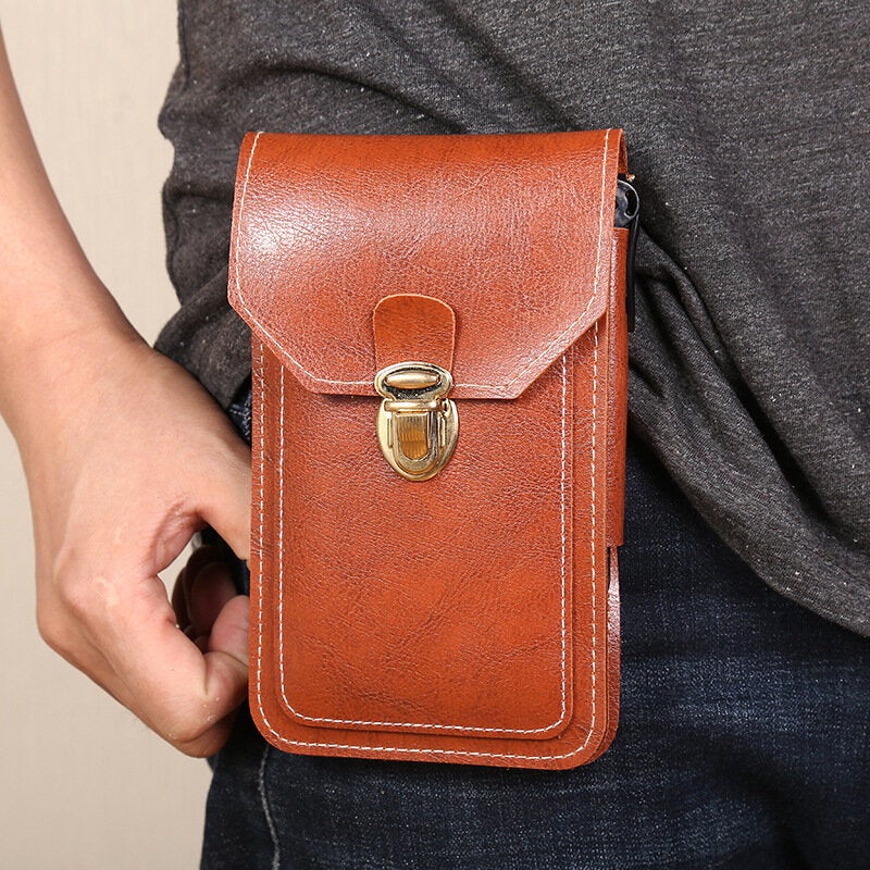 Men PU Leather Thin Hasp Waist Bag Vertical Square Wear-resistant Phone Bag