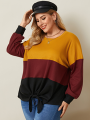 Women Tricolor Color Block Patchwork Waffle Knit Knotted Casual Plus Size Blouse