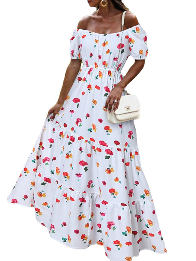 Women Elastic Square Collar Floral Print Holiday Casual Floor Maxi Dress With Belt