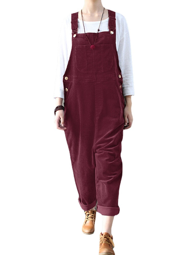 Corduroy Sleeveless Loose Button Causal Side Pocket Jumpsuit For Women