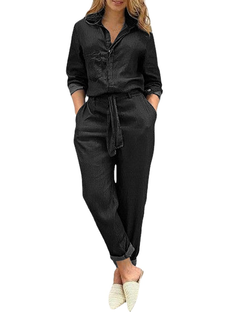 Women Solid Color Button Front Camp Collar Daily Jumpsuit