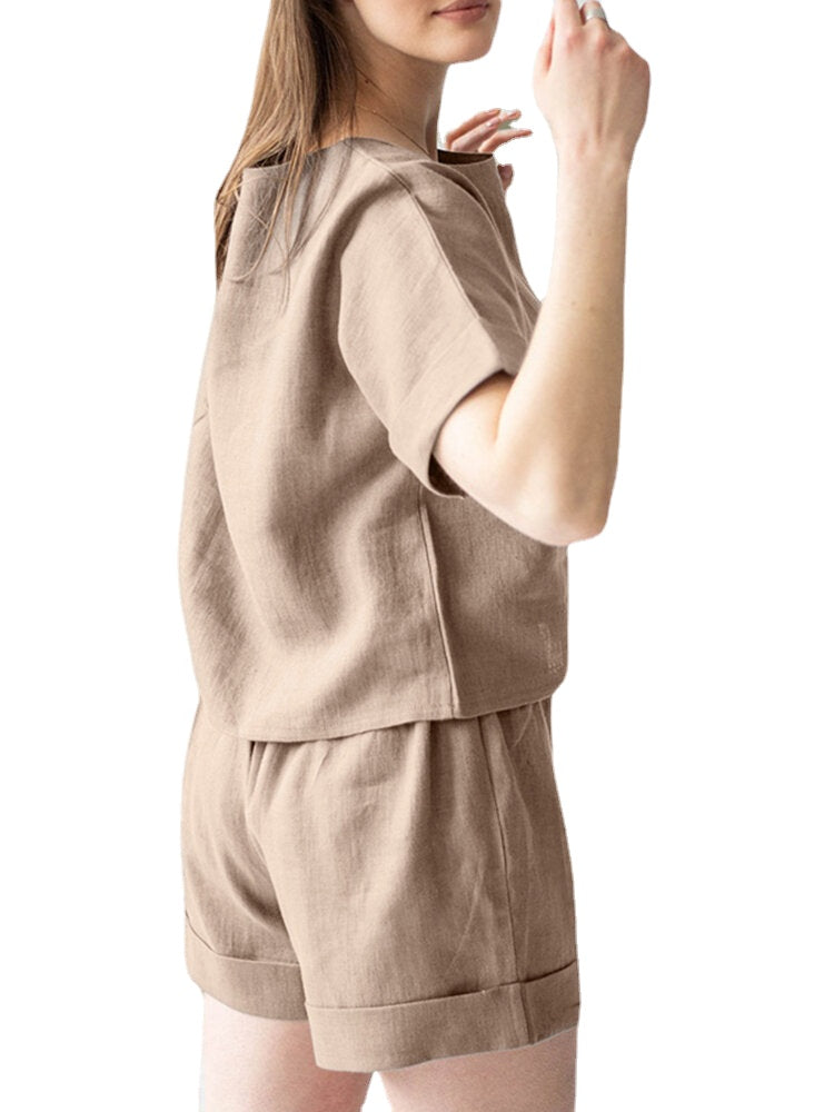 Leisure Solid Elastic Waist Pocket Short Sleeve Cotton Suit