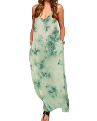 Tie Dye Print V-neck Strapless Sleeves Pocket Split Casual Maxi Dress For Women