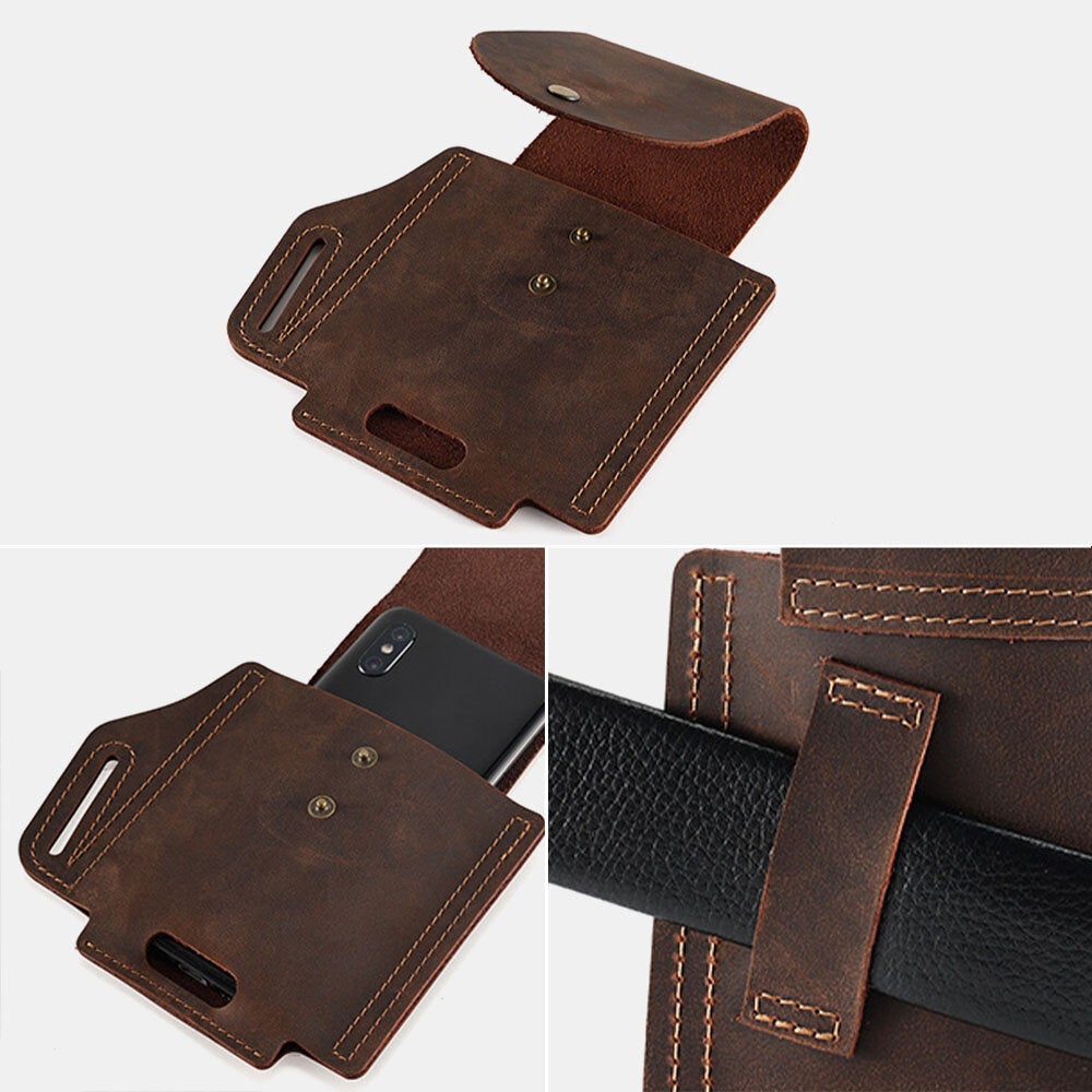 Men Genuine Leather Wear-resistant Outdoor Sport 6.5 Inch Phone Bag Retro Cover Hasp Waist Belt