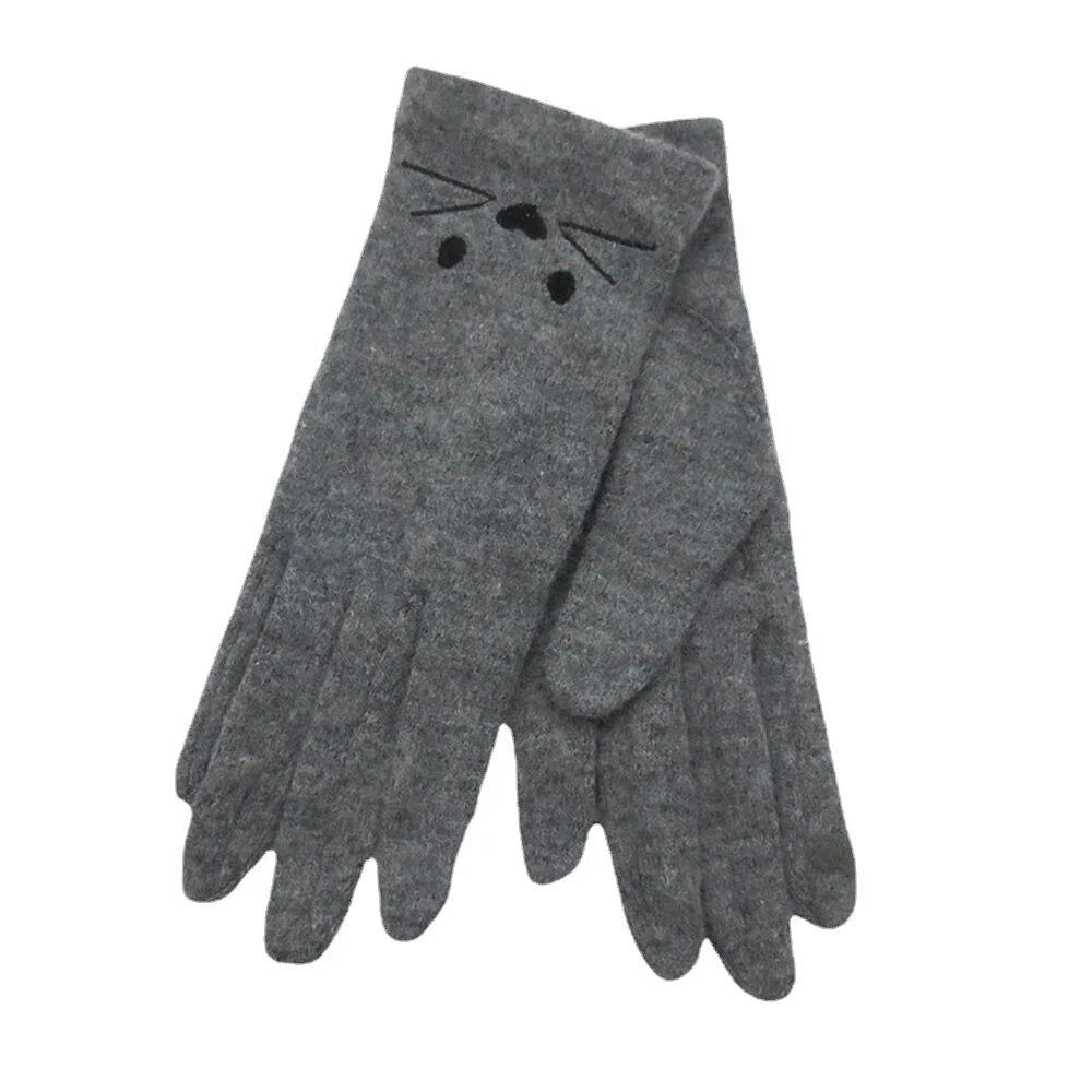 Women Wool Screen-touchable Embroidery Cartoon Cat Pattern Keep Warm Fashion Casual Gloves