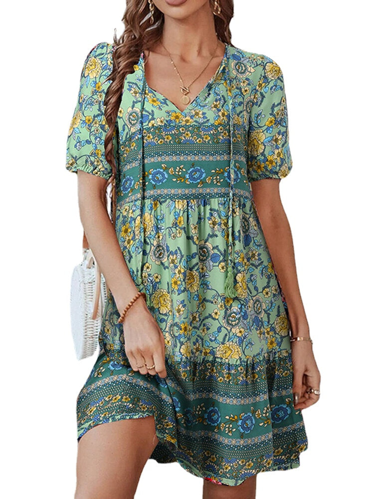 Floral Print Tassel V-neck Knotted Short Sleeve Bohemian Dress