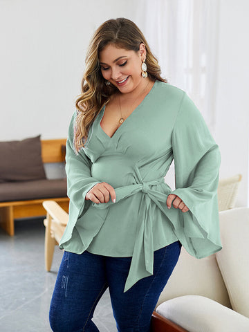 Plus Size Women Solid Color V-Neck Knotted Side Casual Long Sleeve Blouses