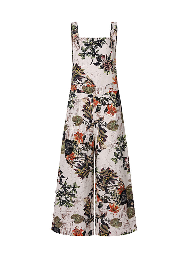 Women Sleeveless Floral Print Button Loose Cotton Vintage Jumpsuits With Side Pocket