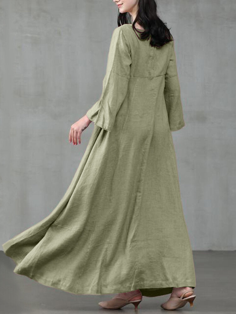 Women Solid Color Square Neck Ruffles Sleeve Zipper Loose Casual Maxi Dress