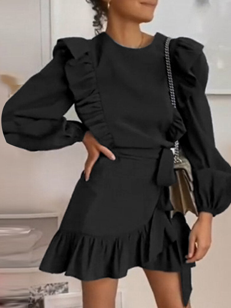Women Pure Color Ruffle Trims Round Neck Casual Puff Sleeve Mini Dresses