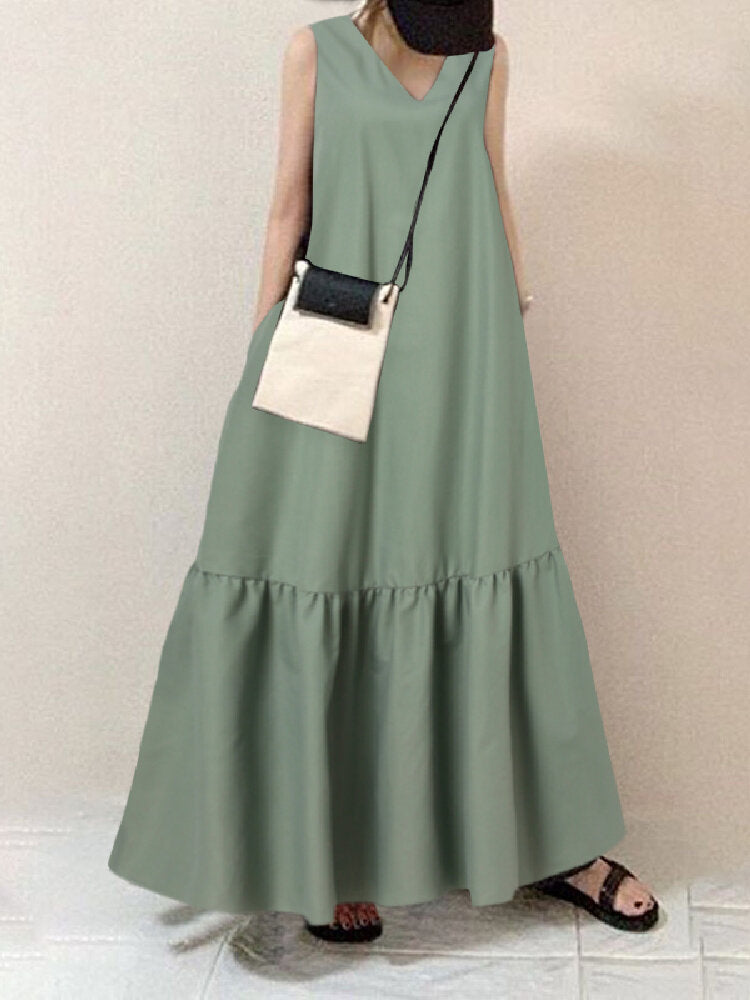 Solid Color V-neck Sleeveless Ruffles Hem Pleated Maxi Dress With Pocket