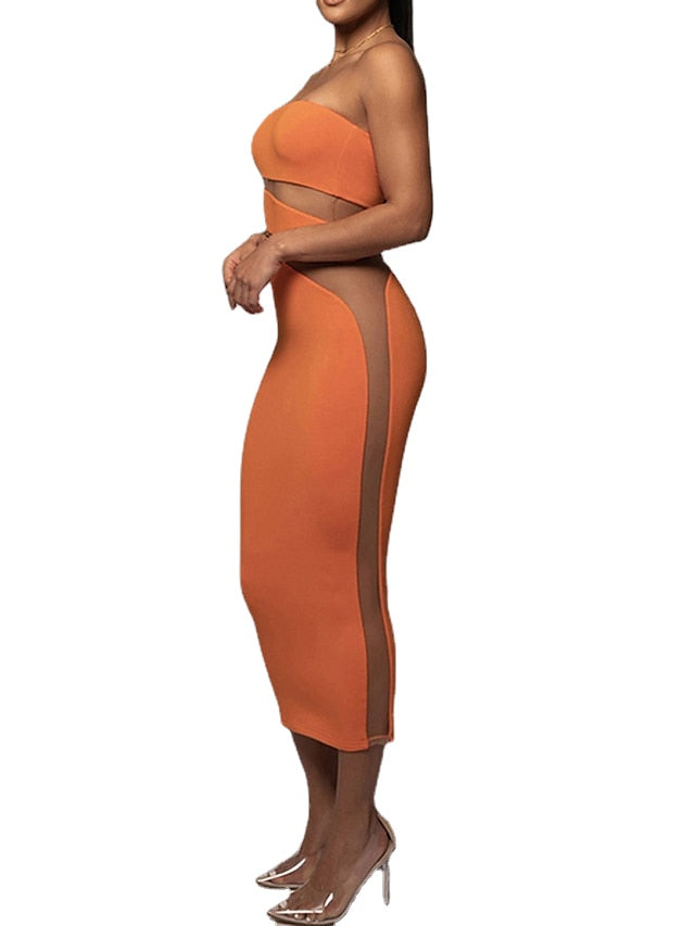 Women's Party Dress Bodycon Sexy Dress Midi Dress Black Orange Brown Sleeveless Pure Color Cut Out Summer Spring Fall Strapless Fashion Wedding Guest Vacation Summer Dress